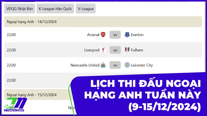 Lịch thi đấu và phát sóng giải Ngoại Hạng Anh tuần này (9-15/12/2024)